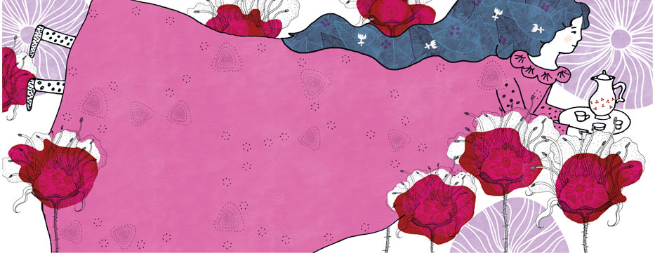 Farbenfrohe Papier-Parade-Illustration mit einer Frau beim Tee und großen Blumen